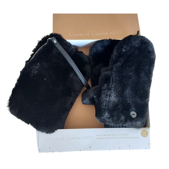 House of Harlow Black Faux Fur Plush Wristlet Purse & Mittens Boxed Set NWT - Picture 2 of 6